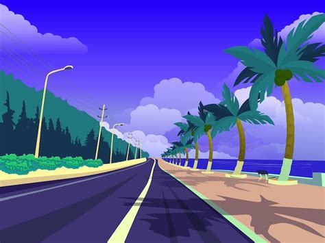 Premium Vector A Road With Palm Trees On The Side Of It