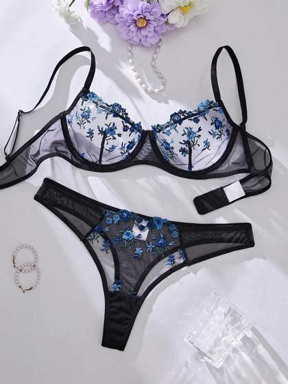 Conjunto De Lingerie Sexy Semi Transparente Bordado Floral Sutiã E Calcinha Para Dormir