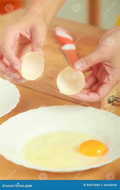 Woman Hands With Egg In A Kitchen Stock Image Image Of Yolk Shell