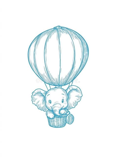 A Hand Drawn Illustration Of A Charming Baby Elephant In A Hot Air Balloon Featuring A Toile De