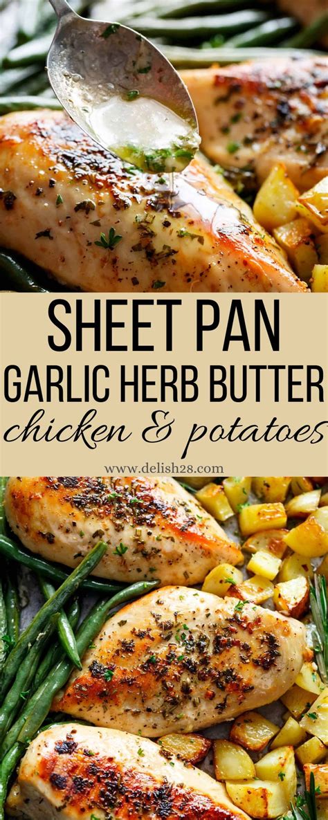 Sheet Pan Garlic Herb Butter Chicken And Potatoes On A Plate With Text