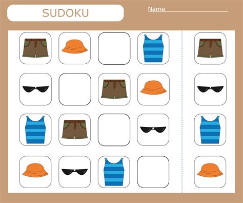 Sudoku game for children with wild clothes. Kids activity sheet