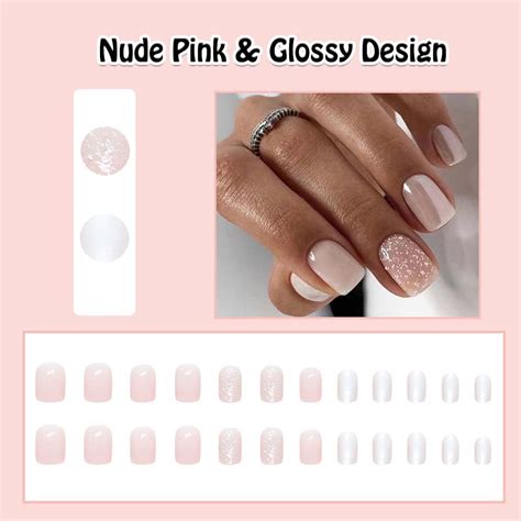 Uñas postizas a presión color rosa cuadradas cortas medianas nude para mujer con diseño