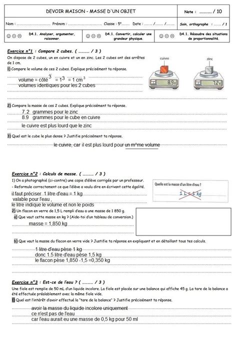 Devoir Physique Chimie 5eme Svp Sciences E Bahut Site Daide Aux