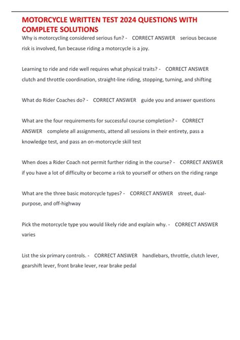 MOTORCYCLE WRITTEN TEST 2024 QUESTIONS WITH COMPLETE SOLUTIONS