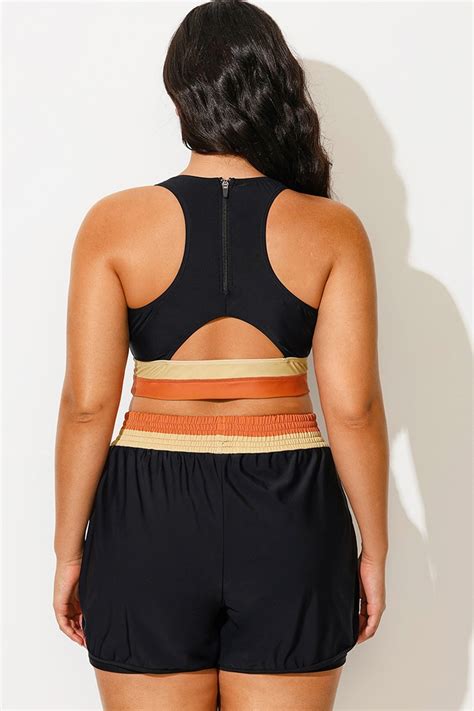 Plus Size Round Neck Orange Patchwork Bikini Top Meet Curve Meet Curve