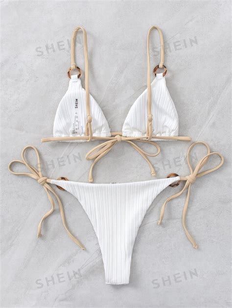 Shein Swim Conjunto De Bikini Acanalado Sujetador De Tanga Triangular Enlazado Con Anillo Y