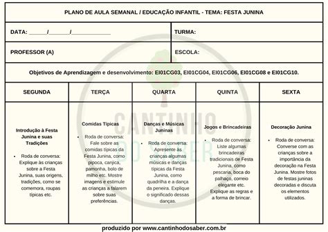 PLANO DE AULA SEMANAL DA FESTA JUNINA Atividades para a Educação