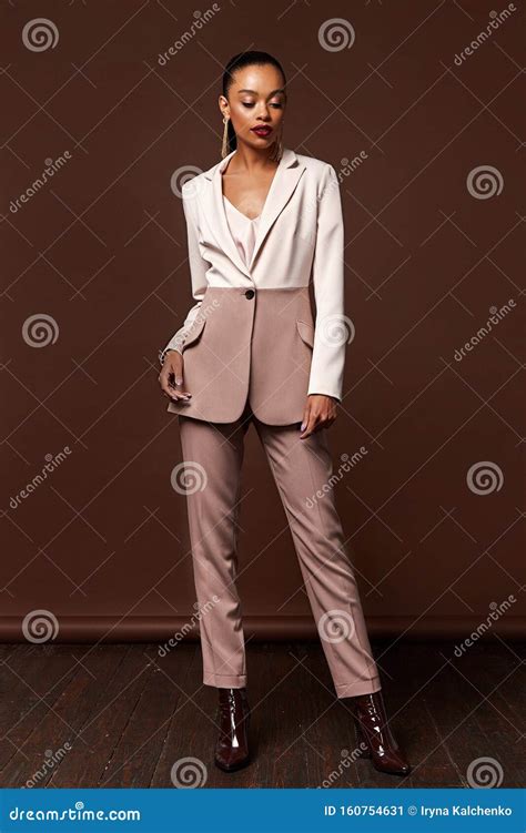 Beautiful Woman Fashion Glamour Model Brunette Hair Makeup Wear Suit Trousers Jacket Clothes