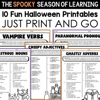 Halloween Grammar Worksheets Halloween Literacy Activities ELA Centers