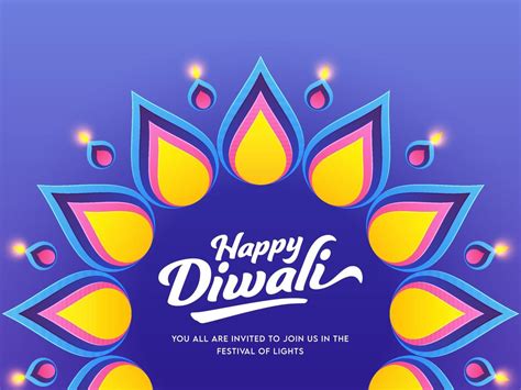 Happy Diwali Font With Rangoli Decorated From Lit Oil Lamps On Blue