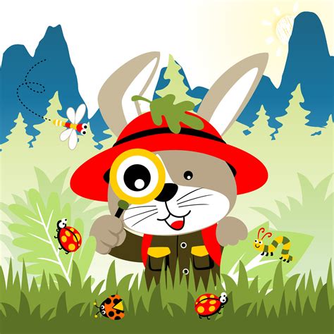 Funny rabbit holding magnifying glass with insects in study, vector