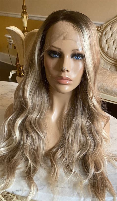 Ash Blonde Highlight Lace Front Wig With Dark Root Human Hair Blend Etsy