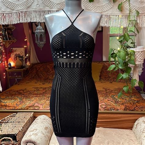 Bebe Dresses Vintage Bebe Bodycon Fishnet Nude Black Overlay Mini Dress Poshmark