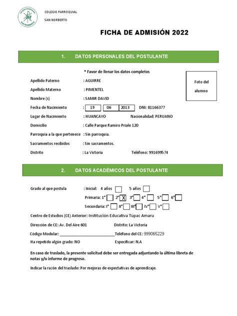 Ficha De Admisión 2022 Pdf