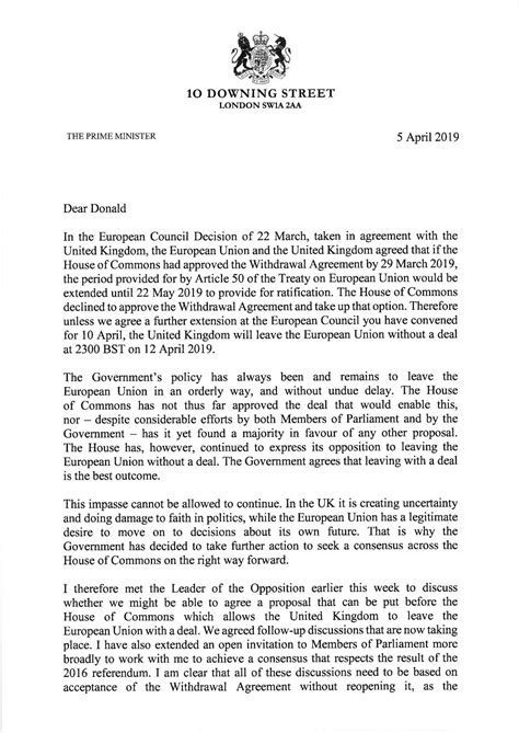 Letter From Britains Prime Minister Theresa May To Eu Council