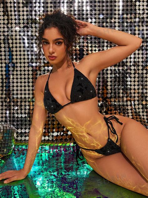 Shein Swim Event Women S Summer Beach Sparkling Halter Neck Bikini Set With Separated Bikini Set