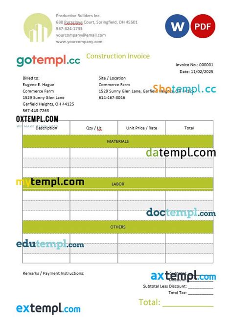 Blank Construction Invoice Template In Word And Pdf Format Gotempl