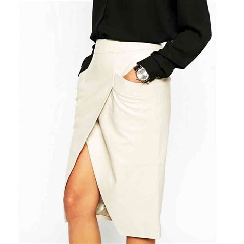 Podium Affair Pencil Skirt In Leather With Wrap Front And Pocket
