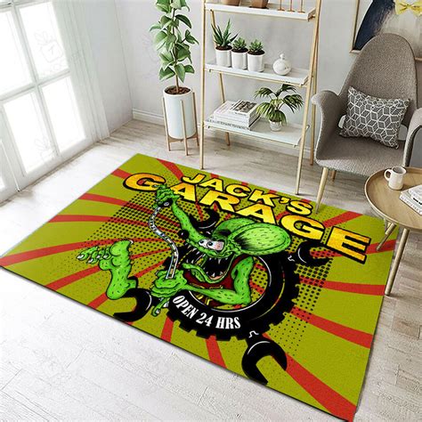 Personalized Rat Fink Hot Rod Garage Rug Hot Rod Rug For Garage Bluefink