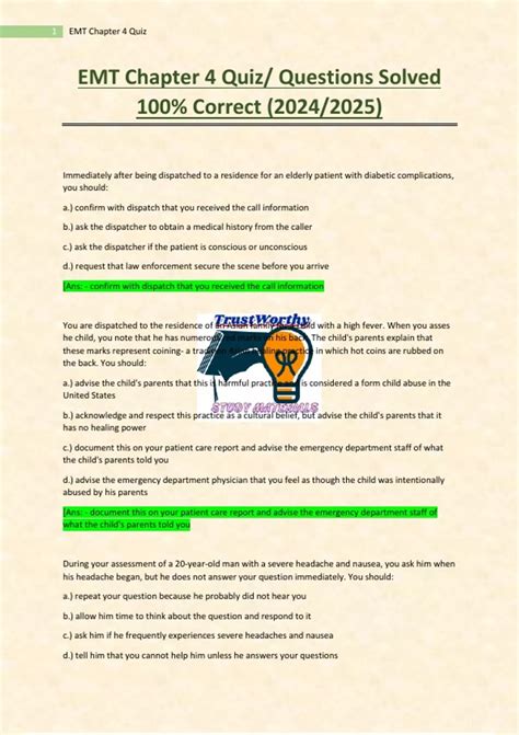 EMT Chapter 4 Quiz/ Questions Solved 100% Correct (2024/2025) - EMT