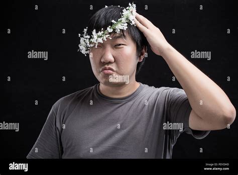 Man Wearing Garland Head Black Background Stock Photo Alamy