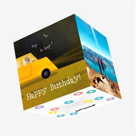 Yellow Car Happy Birthday Beep Beep Confetti Exploding Greetings Card Boomf