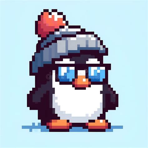 Penguin Pixel Art Isolated On Blue Background 8 Bit Vector
