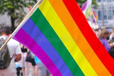 Rainbow Pride Flag Or Freedom Flag In Hands Participants Gay Parade International LGBT Movement