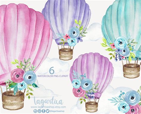 Watercolor Hot Air Balloons With Flowers Floral Purple Pink Turquoise Clip Art Png Floral