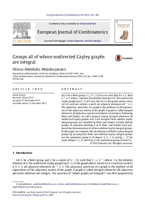 (PDF) Groups all of whose undirected Cayley graphs are integral | Alireza Abdollahi - Academia.edu