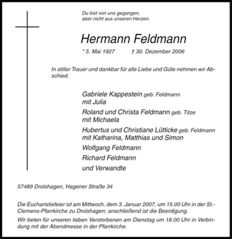 Traueranzeigen Von Hermann Feldmann Trauer In Nrw De