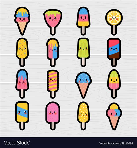 Collection cute kawaii ice cream stickers hand Vector Image