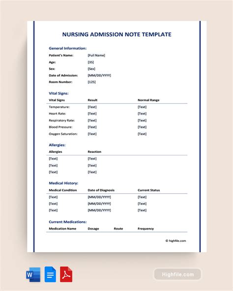 Nursing Admission Note Template - Word | PDF | Google Docs - Highfile