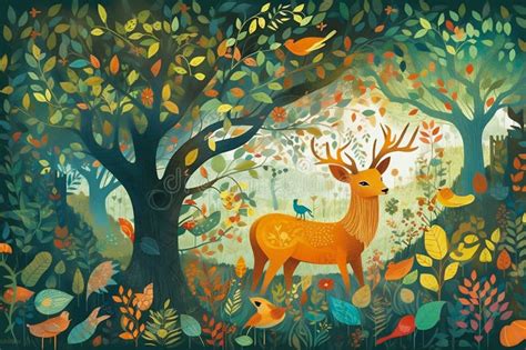 Whimsical Illustration of a Magical Forest, Filled with Vibrant Colors ...