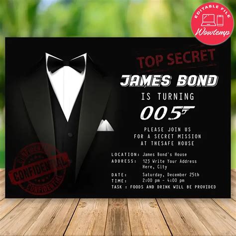 Printable Mens Birthday Party Invitation James Bond Themed Diy Wowtemp