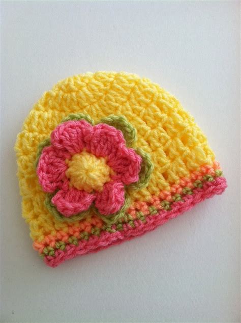 Crochet Baby Hat With Flower, Crochet Baby Hat, Newborn Hat, Baby Hat, Bright Yellow Baby Hat ...