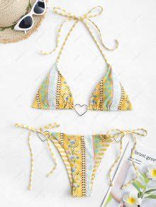 ZAFUL Ethnic Print Heart Ring Tie Side String Bikini Swimwear In YELLOW ZAFUL