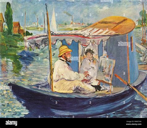 Retrato Impresionista De Claude Monet Pintura En Un Barco En El Sena