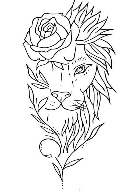 Lion Face Tattoo Drawing with Roses