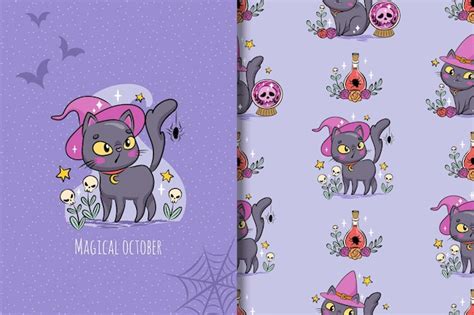 Linda tarjeta de gato de halloween y patrones sin fisuras ilustración