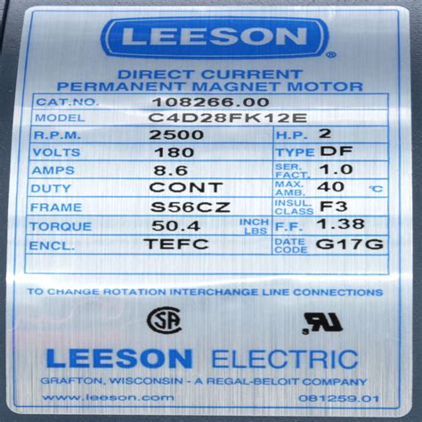 Leeson Dc Permanent Magnet Motor Hp Nameplate Rpm Cz Frame