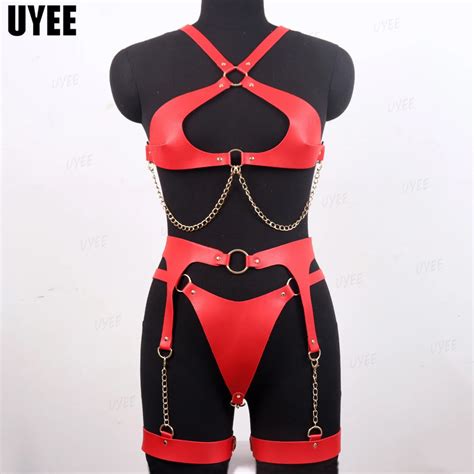 Uyee Sexy Luxury Garters Faux Leather Harness For Women Golden Chain Full Body Bondage Lingerie