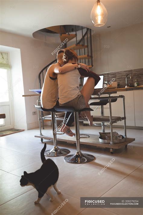 Rear View Of Lesbian Couple Using Laptop In Kitchen With Cat Walking On Floor At Home