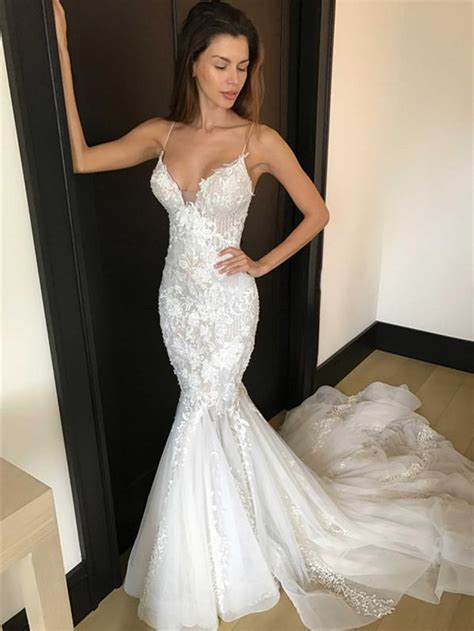 Unique Tulle Spaghetti Straps Neckline Mermaid Wedding Dresses With Ap