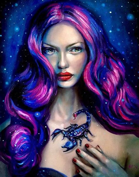 A Painting Of A Woman With Pink Hair And Blue Eyes Holding A Scorpion