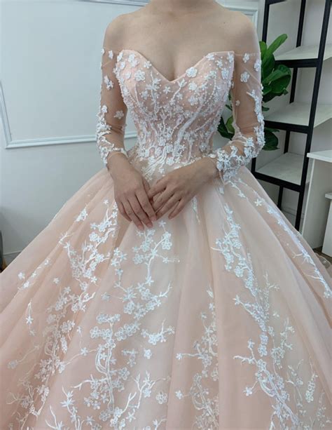 Gracious long sleeves 3D floral lace applique light pink ball gown ...