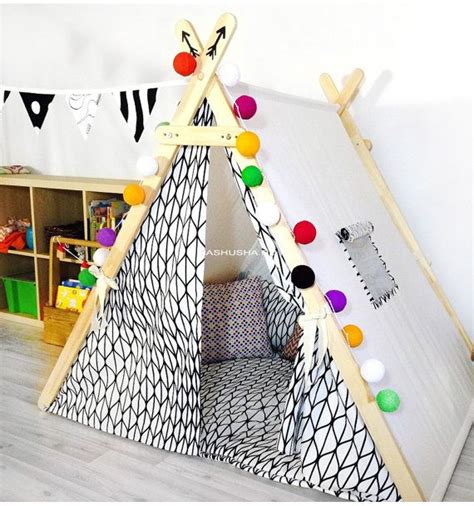Beautiful children tent with black and white ornament. Both sides of ...