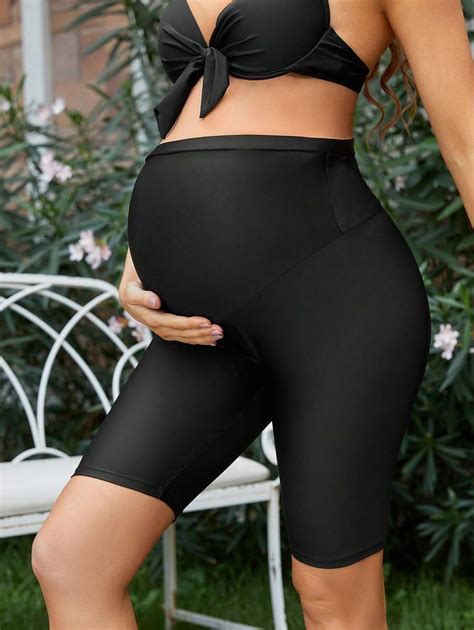 SHEIN Solid Color Black Maternity Swimsuit Bikini Bottoms For Summer Beach Swimming Pool