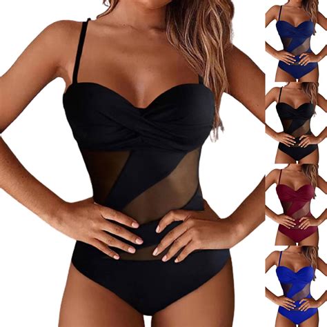 Jacenvly 2024 Bikini Swimsuits For Women Quick Drying Women S Siamese Perspective Lace Solid